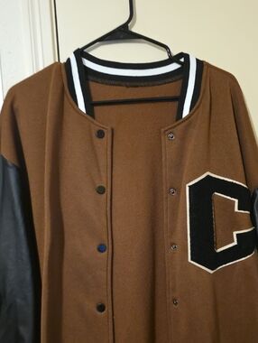 Brown Varsity Letterman Jacket with Black Leather Sleeves